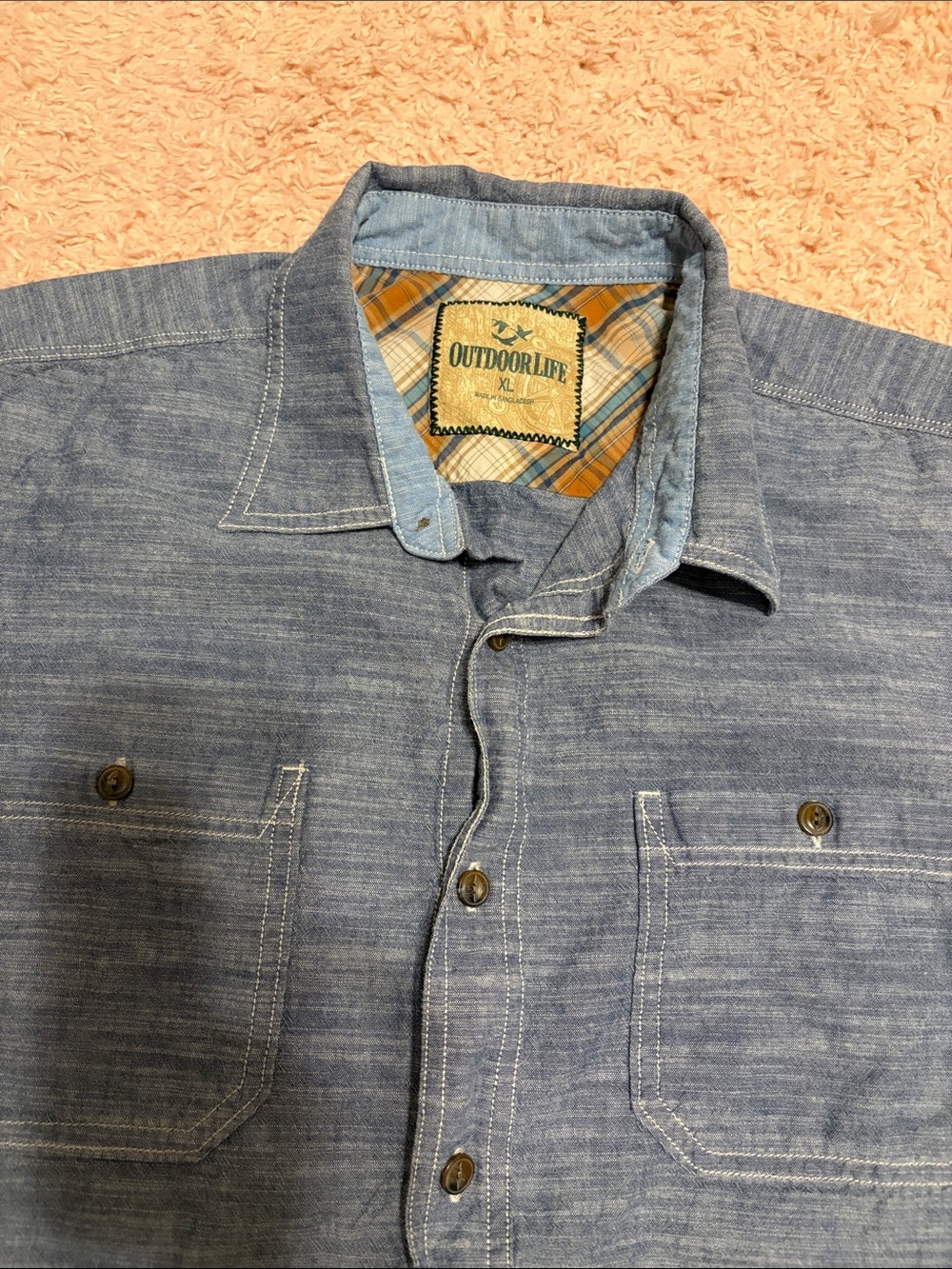 Outdoor Life Chambray Short Sleeve Button down shirt Chest pockets contrast XL